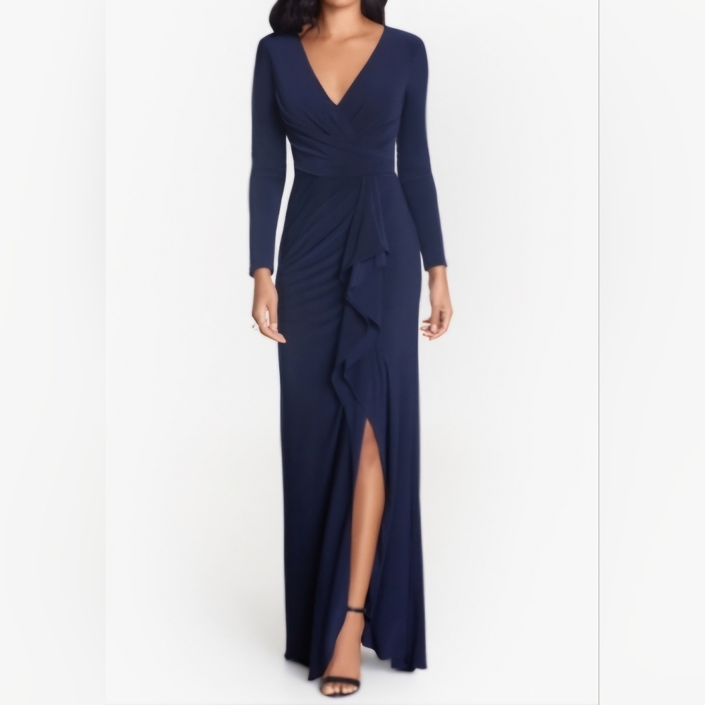 Betsy & Adam Ruffled Side-Slit Gown - Navy Blue
